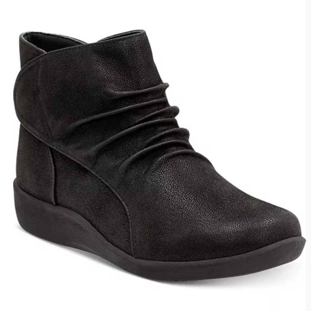 Clarks Cloudsteppers Sillian Gemma Ankle Booties Womens 7W Black Ruched Zip Up